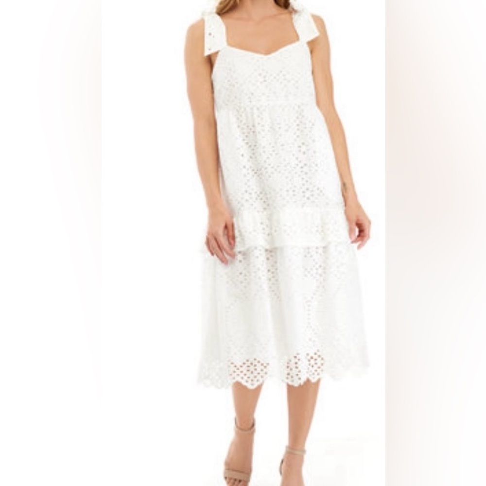 White eyelet sleeveless tiered midi dress, lined, cotton, beach dress, 8 - Picture 3 of 11